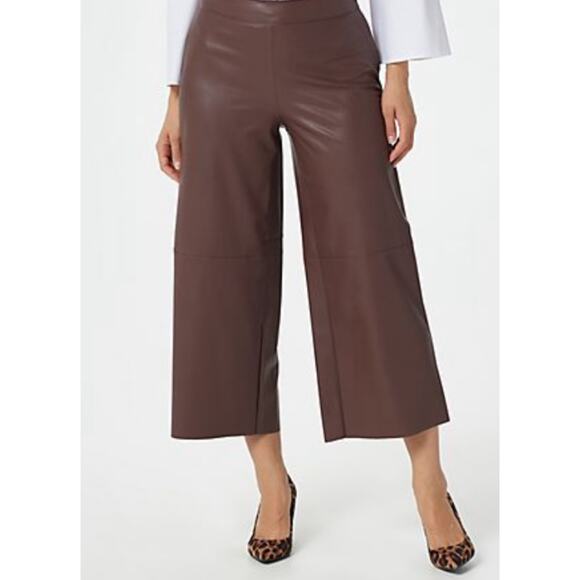 Isaac Mizrahi LIVE Vegan Leather Brown Wide Leg Cropped Pants w/ Side Zip, Sz 8 - Picture 1 of 6